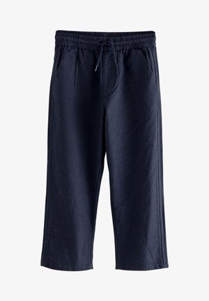 Tamnoplave široke hlače od laganog tkanog materijala. Imaju elastični pojas s podesivim vezicama i bočne džepove.