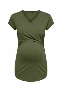 Top premaman verde oliva realizzato in morbido cotone, con scollatura a V, maniche corte e vita elastica arricciata per una vestibilità perfetta.