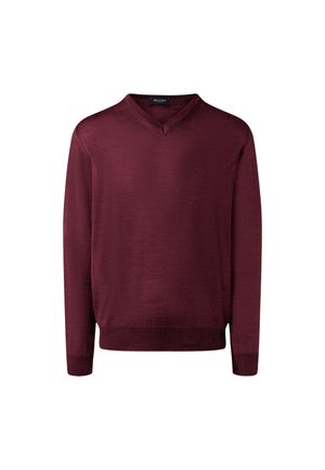 Bordeauxfarbener V-Ausschnitt-Pullover mit langen Ärmeln, gerippten Bündchen und Saum, glatter Textur, aus leichtem Stoff gefertigt. Keine Muster oder Verzierungen.