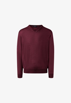 Bordový svetr s výstřihem do V a dlouhým rukávem, s žebrovanými manžetami a lemem, hladká textura, vyrobeno z lehkého materiálu. Bez vzorů nebo ozdob.