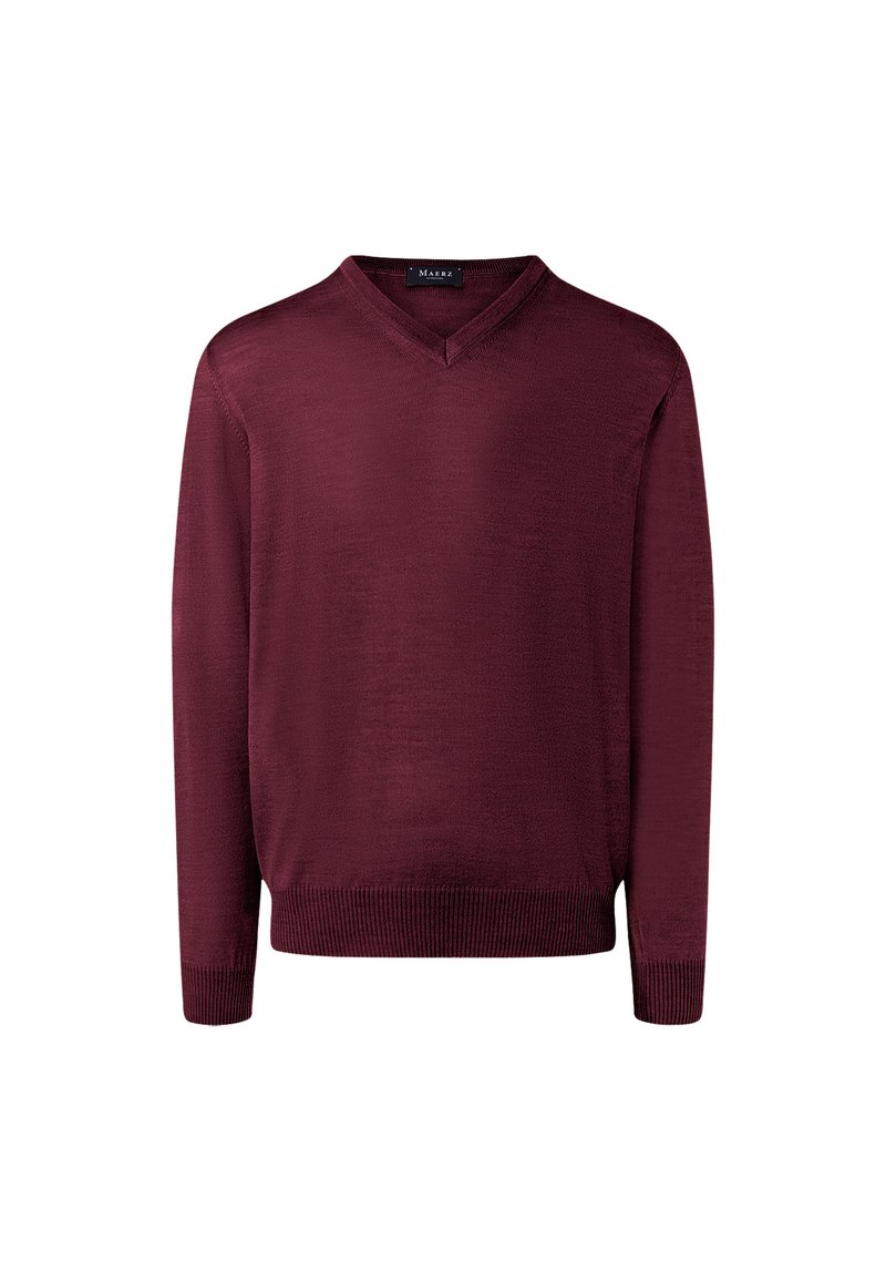 Bordový svetr s výstřihem do V a dlouhým rukávem, s žebrovanými manžetami a lemem, hladká textura, vyrobeno z lehkého materiálu. Bez vzorů nebo ozdob.