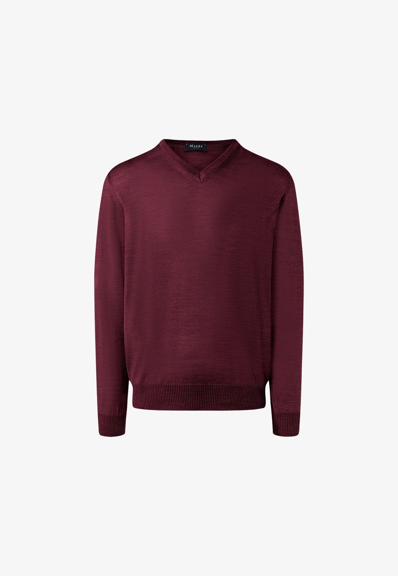 Bordový svetr s výstřihem do V a dlouhým rukávem, s žebrovanými manžetami a lemem, hladká textura, vyrobeno z lehkého materiálu. Bez vzorů nebo ozdob.