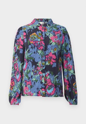 Floral blouse in blue, featuring vibrant pink, green, and yellow patterns. Long sleeves and a button-down front with a collar. Soft fabric texture.