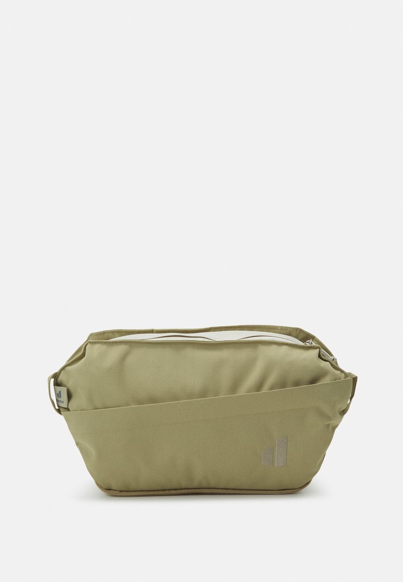 Olive green zippered pouch made from durable fabric, featuring a slanted design and a subtle logo accent on one side. Soft texture.