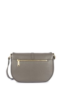 Borsa a tracolla in pelle grigia con forma curva, dotata di una patta superiore, tasca con zip frontale e dettagli in hardware dorato.