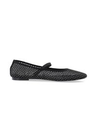 Bailarinas negras con una parte superior de malla texturizada y detalles de tachuelas plateadas. Presentan una punta afilada y una suela pequeña y plana.