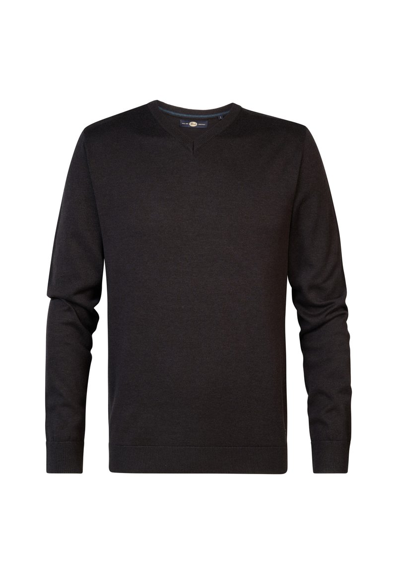 Dunkelgrauer Strickpullover mit V-Ausschnitt, langen Ärmeln und gerippten Bündchen und Saum. Glatte Textur ohne Muster oder sichtbare Beschläge.