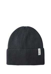 Tmavě šedá pletená čepice se složeným žebrovaným lemem. Má hladkou texturu a malou cedulku na lemu s nápisem "STREET ONE."