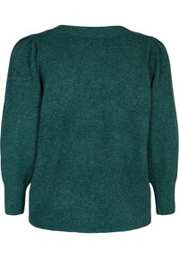 Miętowozielony dziany sweter z długimi bufkami, ściągaczem u dołu i okrągłym dekoltem; miękka struktura z delikatnym melanżowym wzorem na całej powierzchni.