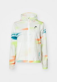 Lightweight, hooded jacket in white with a colorful abstract pattern in green, blue, and orange. Features a front zipper and elastic cuffs.