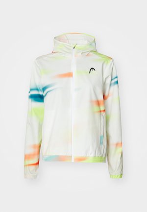 Chaqueta ligera con capucha en blanco con un patrón abstracto colorido en verde, azul y naranja. Cuenta con una cremallera frontal y puños elásticos.