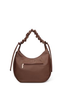 Borsa a mano in pelle marrone con forma arrotondata, manico arricciato e tasca frontale con cerniera. La superficie testurizzata aggiunge profondità al design.