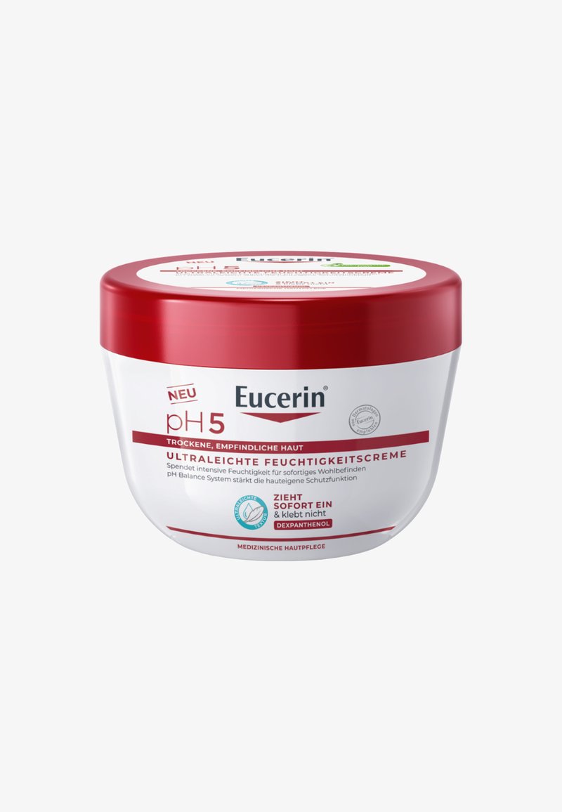 Eucerin pH5 Ultra-Leichte Feuchtigkeitscreme für trockene, empfindliche Haut in weißem Tiegel mit rotem Deckel, deutscher Text auf dem Etikett, enthält Dexpanthenol.
