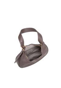 Gray leather handbag with a soft texture, zippered closure, and a short, sturdy handle. Interior features a light lining with one pocket.