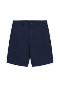 Pantaloni corti blu navy realizzati in tessuto leggero; presentano una chiusura con bottone, passanti per cintura e due tasche laterali con taglio dritto.