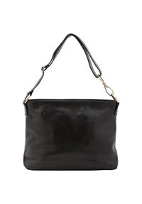 Zwarte leren handtas met een gladde textuur. Beschikt over een enkele verstelbare schouderband, gouden hardware en een eenvoudige rechthoekige vorm.