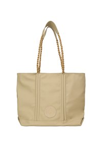 Borsa tote beige realizzata in materiale liscio con manici intrecciati e un accento con logo rotondo. Presenta cuciture verticali e una forma strutturata.