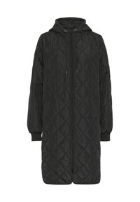 Veste noire matelassée avec capuche, dotée d'une fermeture éclair pleine longueur, de manches longues avec des poignets élastiques et d'une texture légère et lisse.