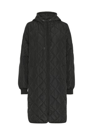 Veste noire matelassée avec capuche, dotée d'une fermeture éclair pleine longueur, de manches longues avec des poignets élastiques et d'une texture légère et lisse.