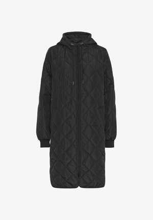 Schwarze gesteppte Jacke mit Kapuze, ausgestattet mit einem durchgehenden Reißverschluss, langen Ärmeln mit elastischen Bündchen und einer leichten, glatten Textur.