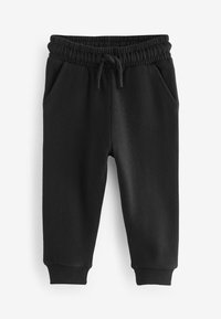 Schwarze Jogginghose mit elastischem Bund und verstellbarem Kordelzug. Verfügt über zwei Seitentaschen und gerippte Bündchen an den Knöcheln. Weicher Stoff.
