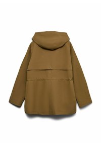 Veste marron à capuche avec manches longues, fente arrière fermée par un bouton-pression et détails de couture sur le dos.