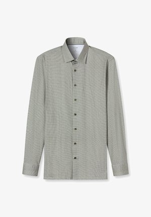Light gray long-sleeve shirt in a textured pattern, featuring a classic collar and button closures, with dark buttons as accents.
