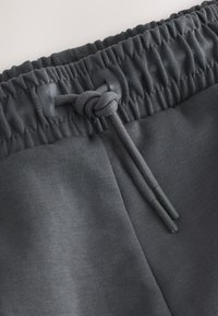 Gray elastic waistband featuring a drawstring with plastic tips. Soft fabric texture with a slight sheen, designed for comfort and ease.
