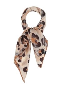 Silk scarf in beige with brown and black leopard spots, featuring a smooth texture and a neatly finished edge. Brand label attached.
