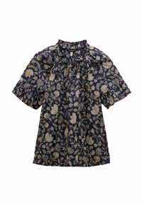 Tmavo modrá blúzka s krátkym rukávom s kvetinovým vzorom v krémovej farbe. Má zhromaždený výstrih a štruktúrovanú tkaninu s naberanými rukávmi.