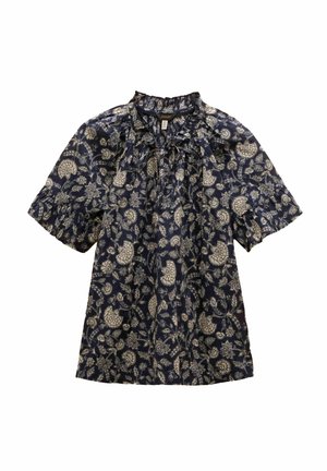 Dark blue short-sleeved blouse with a floral pattern in cream. Features a gathered neckline and textured fabric with puffed sleeves.