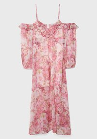 Vestido con estampado floral en tonos de rosa, que presenta un diseño de volantes sin hombros, tirantes delgados y una tela ligera y transparente. Mangas largas y abullonadas.
