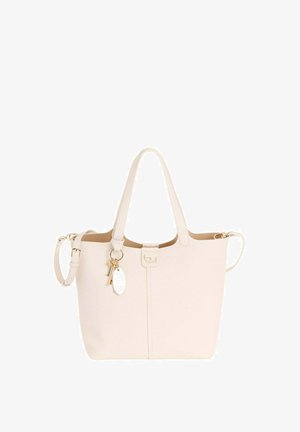 Borsa a spalla beige con doppie maniglie e tracolla removibile, caratterizzata da un portachiavi dorato a forma di chiave e una piccola targhetta con logo al centro davanti.