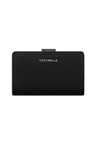 Black leather wallet with a textured finish, featuring a gold "Coccinelle" logo. Compact rectangular shape with a snap closure.