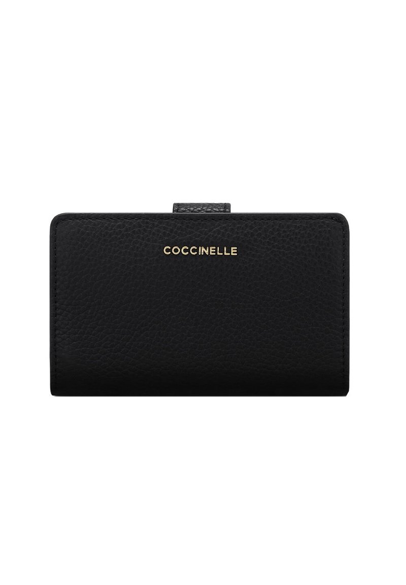 Black leather wallet with a textured finish, featuring a gold "Coccinelle" logo. Compact rectangular shape with a snap closure.