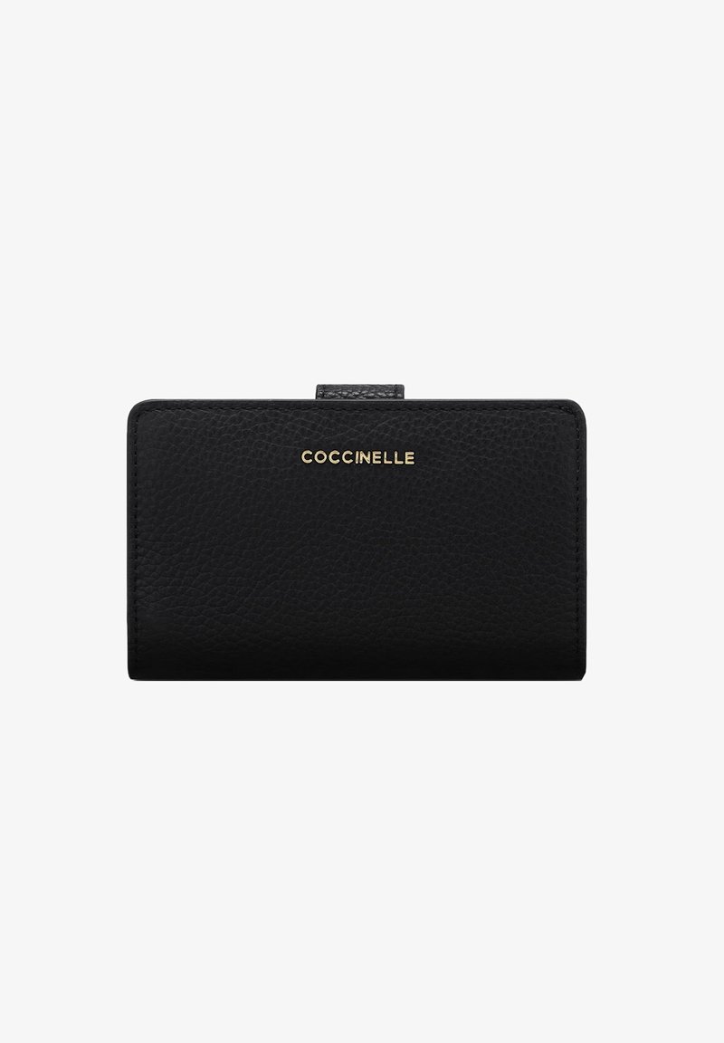 Black leather wallet with a textured finish, featuring a gold "Coccinelle" logo. Compact rectangular shape with a snap closure.