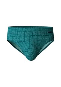 Türkise Bikini-Höschen mit einem geometrischen Muster aus kleinen Quadraten und Linien. Es hat eine glatte Textur und ein klassisches Schnittdesign.