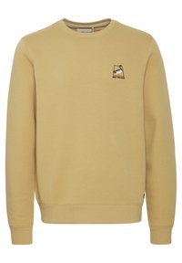 Yellow pullover sweatshirt made of soft cotton blend, featuring a small duck graphic and text on the front, with ribbed cuffs and hem.