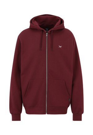 Maroon zip-up hoodie with drawstring hood, front pockets, ribbed cuffs, and small crossed scissors logo on the left chest.