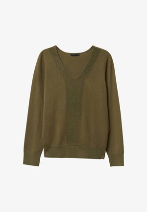 Olivgrüner Pullover mit V-Ausschnitt, strukturiertem Strickpaneel an der Vorderseite, langen Ärmeln sowie geripptem Saum und Bündchen.