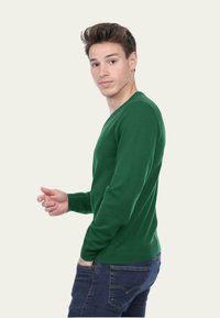 Pull en maille vert avec un col en V et des manches longues, associé à un jean bleu. Le pull présente une texture lisse et un design ajusté.