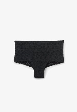 Black lace hipster underwear featuring a floral pattern, scalloped edges, and a breathable, stretchy texture for comfort.