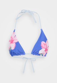 Mėlynas bikini viršus su reguliuojamomis juostelėmis, vienoje pusėje puoštas rožinėmis hibisko gėlėmis, o kitoje pusėje vientisos spalvos. Minkšta, tekstūruota medžiaga.