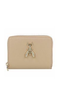 Beige Lederbrieftasche mit Reißverschluss und einem goldenen Käfer-Akzent auf der Vorderseite. Verfügt über eine strukturierte Oberfläche und abgerundete Ecken.