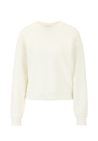 Felpa con collo rotondo in bianco sporco, realizzata in tessuto morbido. Presenta una lunghezza corta con orlo scallop e polsini a costine. Design semplice.