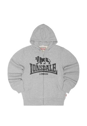 Sudadera con capucha gris de cremallera, con capucha y bolsillos delanteros, con el logo negro de Lonsdale London y un gráfico de león en el pecho.