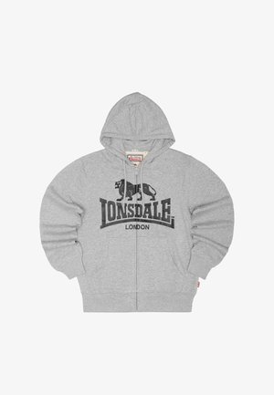 Sudadera con capucha gris de cremallera, con capucha y bolsillos delanteros, con el logo negro de Lonsdale London y un gráfico de león en el pecho.