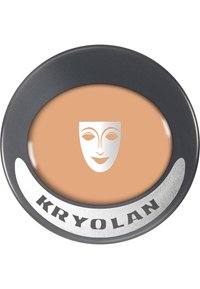 Kryolan foundation in a round black and silver compact with a beige cream center, featuring a minimalist white face design.