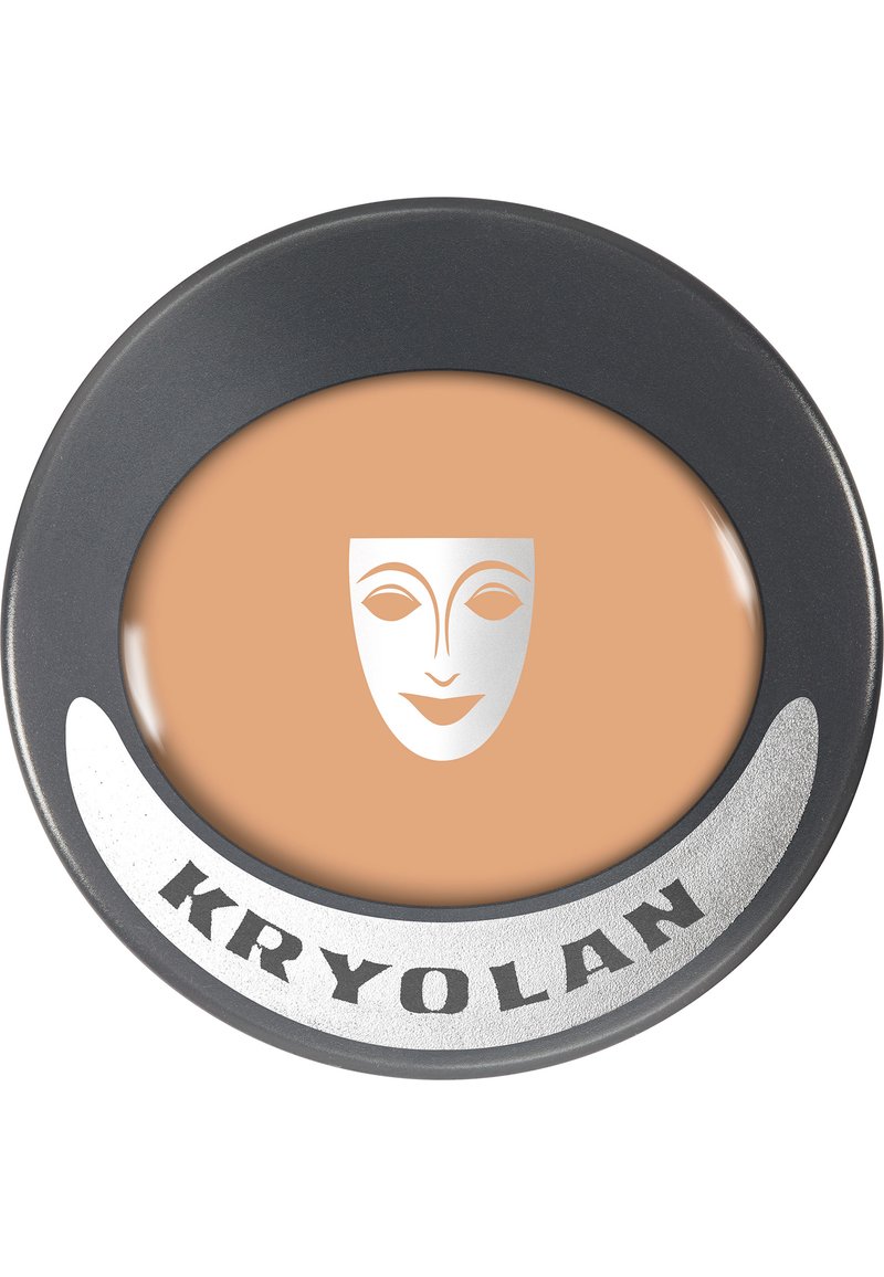 Kryolan foundation in a round black and silver compact with a beige cream center, featuring a minimalist white face design.