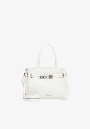 Valge ristkülikukujuline käekott kahe sangaga, eemaldatava õlarihma ning esiküljel metallist pannaldega detailiga.